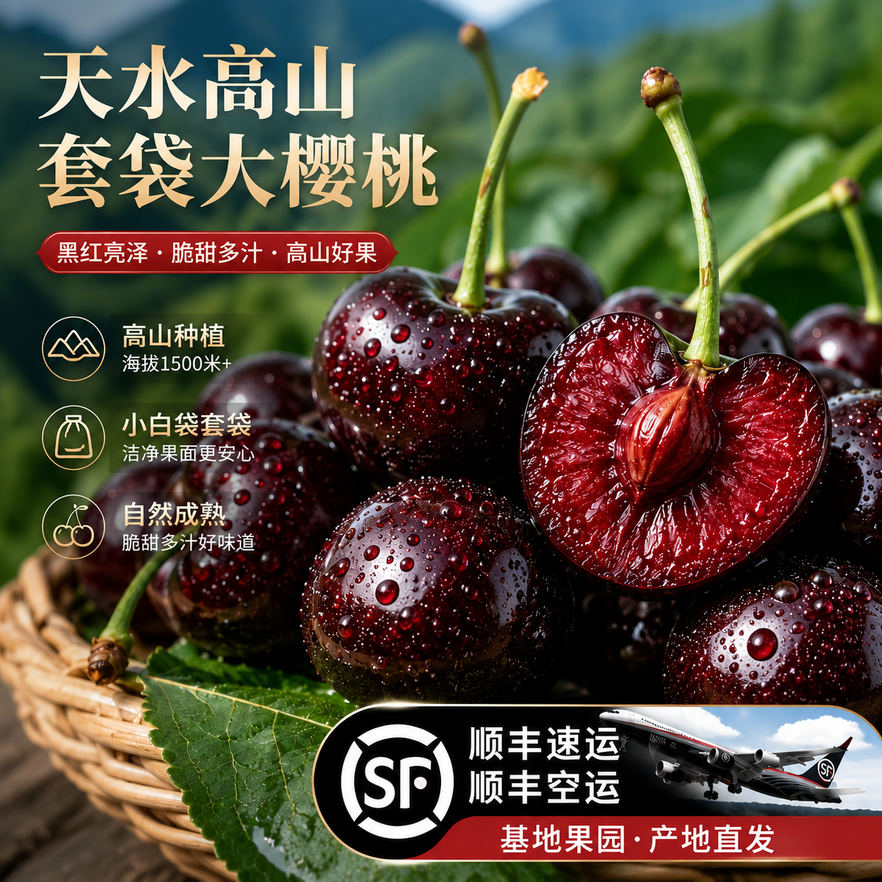 甘肃天水俄八大樱桃套袋黑紫色大果肉厚纯甜脆硬耐运现货顺丰包邮