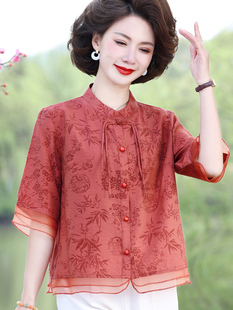 妈妈七分袖新款衬衫大码棉麻亚麻上衣高端50岁中老年女装夏季套装