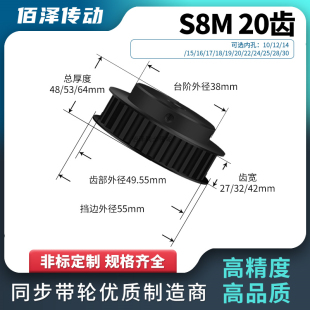 同步轮S8M20齿钢齿宽27/32/42内孔1271420同步带轮马达传动皮带轮