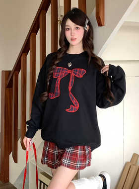 AGXS秋冬新款上衣原创贴布格子蝴蝶结圆领宽松百搭卫衣学院风