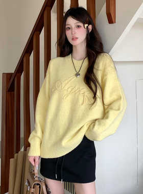 AGXS秋冬新款蝴蝶结logo圆领套头毛衣宽松慵懒风打底针织衫上衣