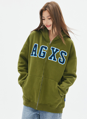 喜士潮社AGXS秋冬多色大LOGO贴布绣拉链加绒卫衣男女情侣开衫外套