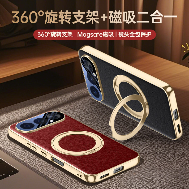 适用华为荣耀500手机壳奢华真皮感带钻石镜头膜honor500pro电镀硅胶保护套旋转一体支架男女商务新款防摔软壳