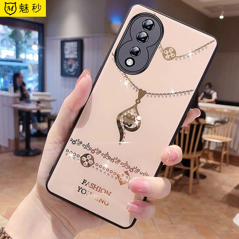 荣耀70手机壳女曲面屏防摔镶钻honor70pro硅胶保护套挂绳华为70pro+带旋转支架FNE-AN00网红时尚轻薄高档软壳