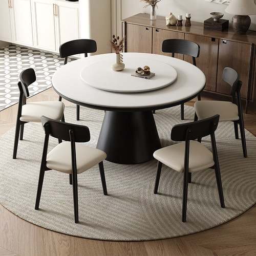 圆形实木岩板餐桌椅组合家用小户型带转盘饭桌现代简约电磁炉圆桌