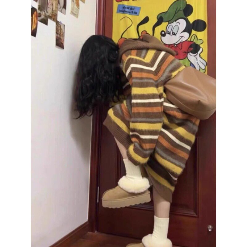 撞色条纹卫衣连帽连衣裙女秋冬韩系直筒宽松长款毛衣裙针织衫上衣