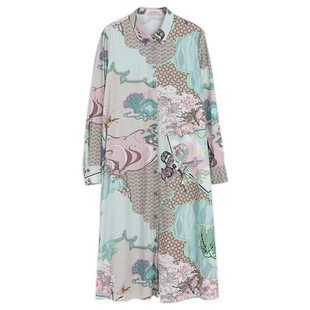 谜底主题花色连衣裙2023春季新款复古宽松A字型长裙长袖231ML0105