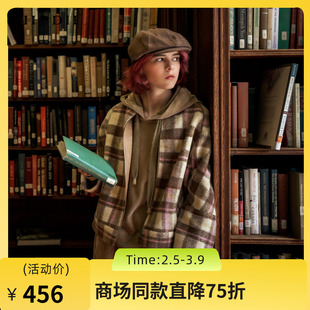 谜底粗花呢外套女2023冬季新品复古格子棒球领呢子大衣234MW1460