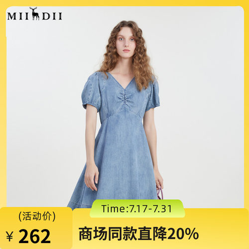 谜底复古V领牛仔连衣裙