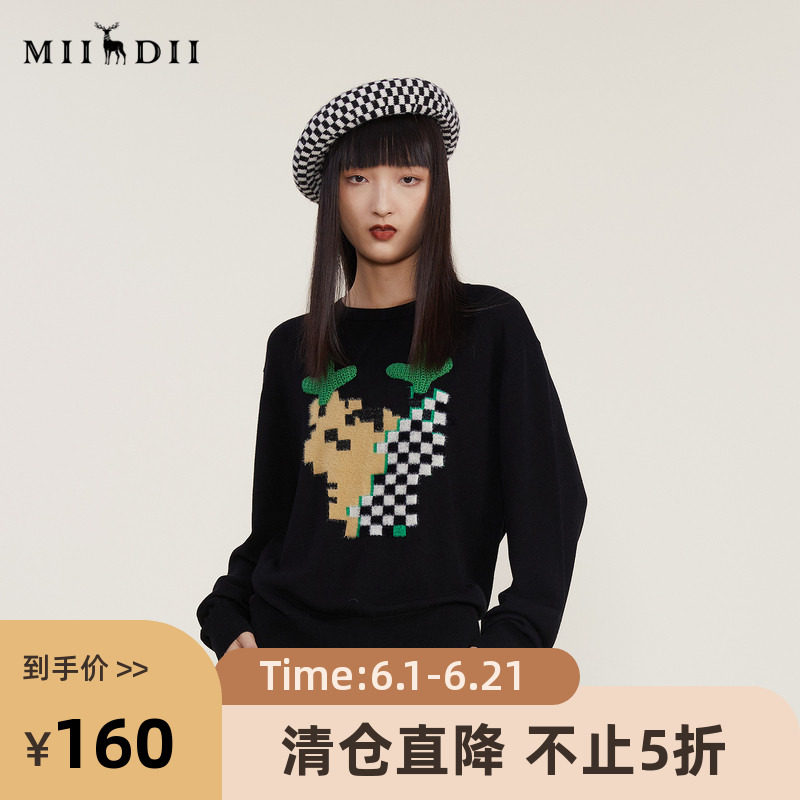 谜底2022冬季新款复古百搭套头毛针织衫女麋鹿图案毛衣224MZ1906