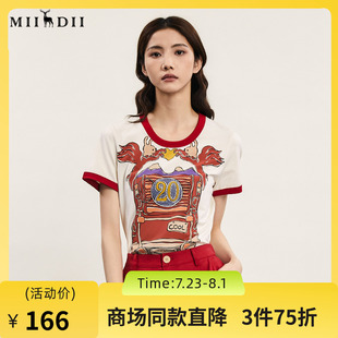 谜底圆领印花T恤女2024年夏季 上衣242MT0585 新品 复古特色撞色修身
