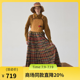 谜底背带连衣裙2024冬季新品复古风拼接百褶大摆裙长裙244ML1656
