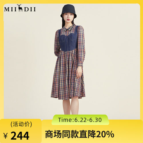 复古格子连衣裙，拼接牛仔
