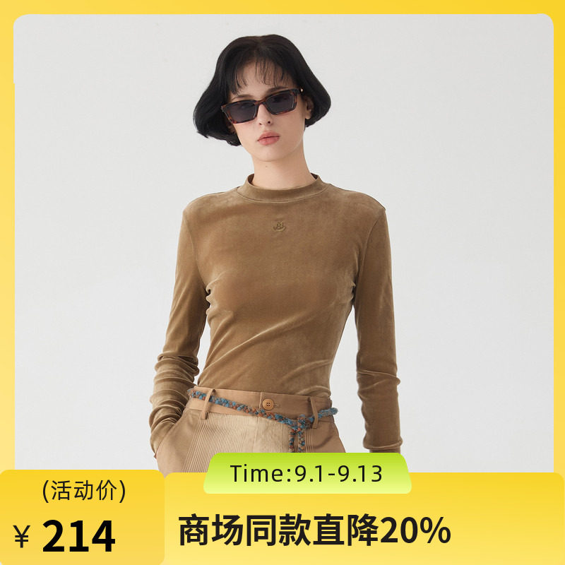 谜底丝绒半高领T恤长袖女2025春款极简修身百搭内搭上衣251MT0143图片