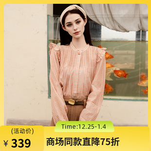 甜美小清新木耳边衬衫 新款 257MS7745 女2025秋季 谜底格纹衬衣长袖