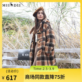 谜底格子连帽大衣女2023冬款 复古宽松渔夫扣羊羔毛外套234MD1471