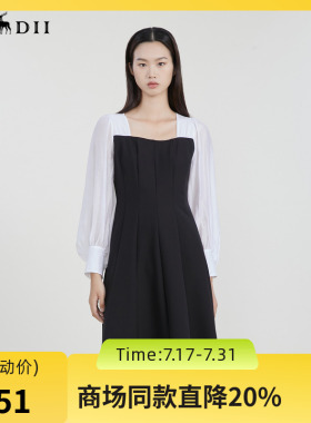 谜底2023春新款法式复古小黑裙方领连衣裙气质收腰A字裙231ML0128