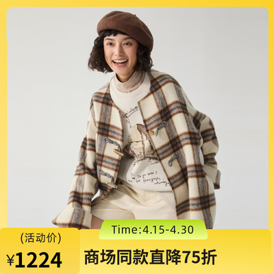 谜底毛呢外套女2024冬季新品学院风圆领牛角扣呢子大衣244MD1473