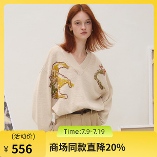 谜底套头针织衫女2025秋季新品复古文艺百搭V领绣花毛衣253MZ1348