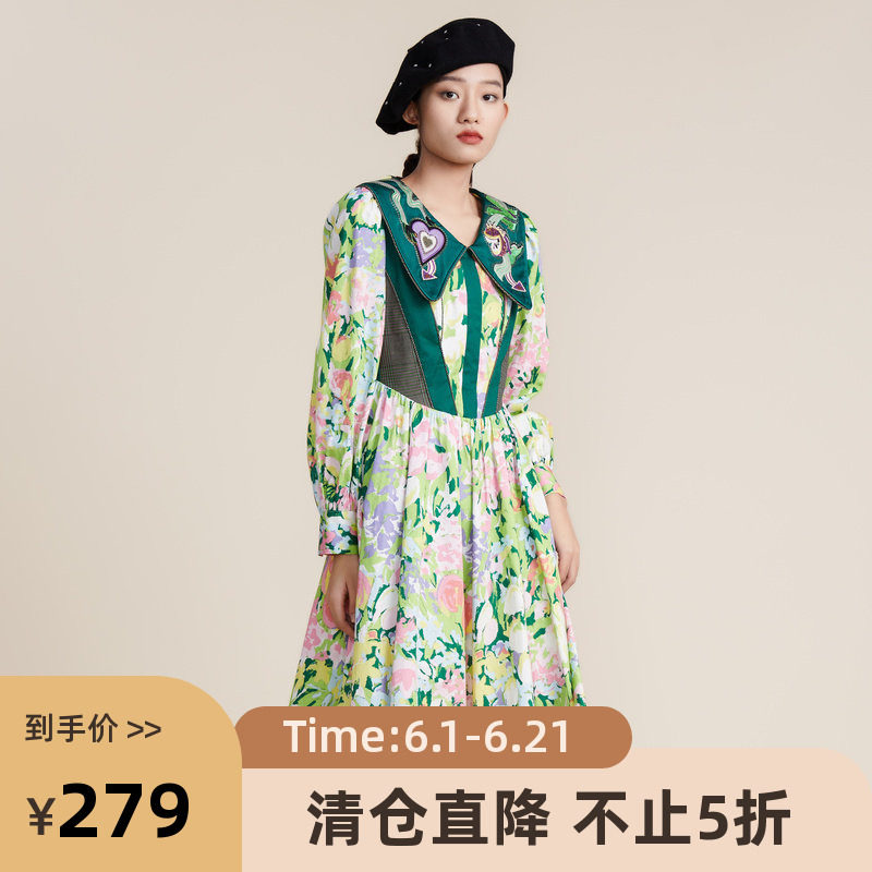 MIIDII谜底2022春秋宫廷复古彼德潘领纯棉收腰连衣裙女221ML0185