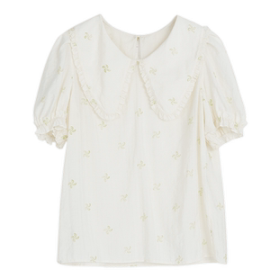 谜底娃娃领提花上衣女2023春季新款小清新百搭衬衫短袖231MS0080