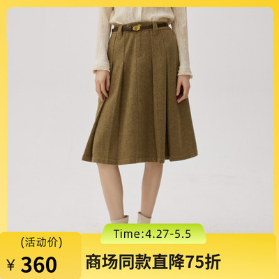 谜底毛呢半身裙2024秋新品通勤风气质高腰百褶裙中长裙243MB1133