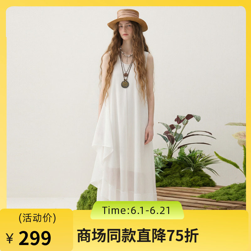 谜底白色连衣裙无袖2025夏季新款度假风圆领大摆型长裙256ML6251
