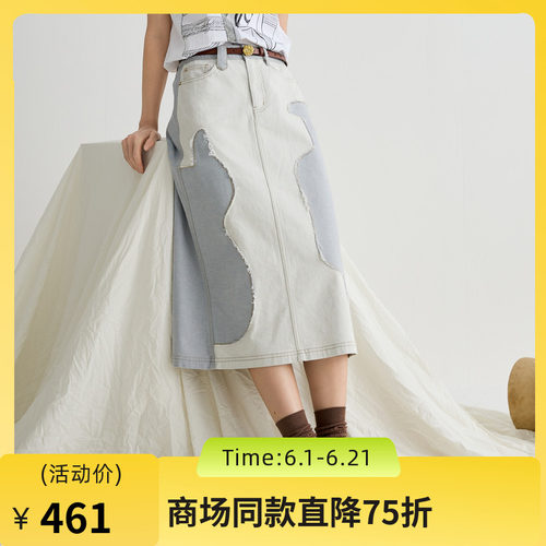 灰白牛仔裙，陶瓷元素拼接，裤耳趣味设计
