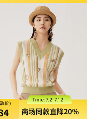 谜底针织马甲女2024秋新品文艺风彩条V领套头针织衫毛衫243MZ1260
