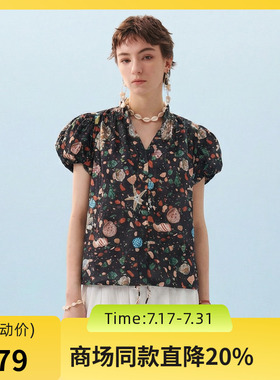 谜底花色衬衫短袖2026年夏季新品印花泡泡袖立领衬衣女266MC6008