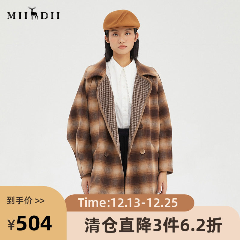 谜底2022冬款复古时尚文艺格纹中长款羊毛呢大衣外套女229MD6197