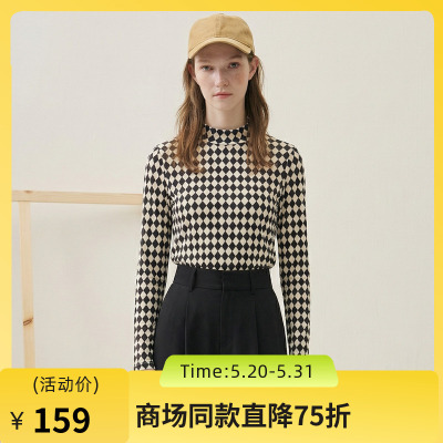 谜底半高领T恤长袖女2025秋季新款复古菱形格弹力打底衫257MT7711