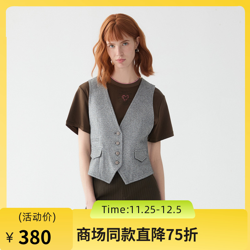 谜底西装马甲女2025秋季新款复古风V领修身高腰短款马夹257MM7727