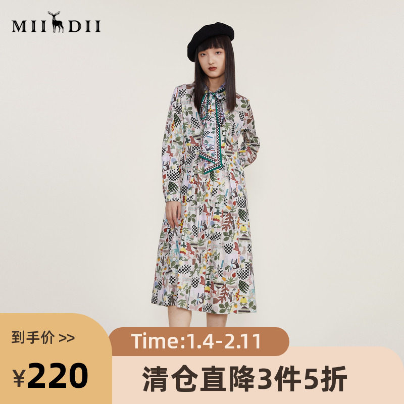 谜底2022冬季新款复古X型印花连衣裙系带蝴蝶结领长袖女224ML1672,女装/女士精品,连衣裙,淘宝优惠券,粉丝福利购,淘宝优惠卷