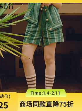 谜底H型直筒短裤女2024年夏季新品复古条纹亚麻透气裤子242MK0665