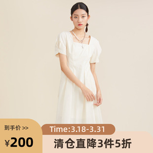 收腰方领泡泡短袖 复古优雅修身 连衣裙222ML0582 新款 谜底2022夏季