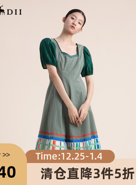 谜底短袖纯棉连衣裙2022夏款复古泡泡袖收腰显瘦中长裙222ML0607
