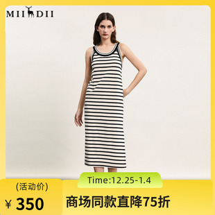 中长裙241ML0117 文艺风条纹亲肤修身 谜底连衣裙无袖 女2024春新款