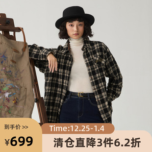 新品 女2024冬季 宽松羊毛混纺衬衣244GC1484 长袖 谜底黑白格子衬衫