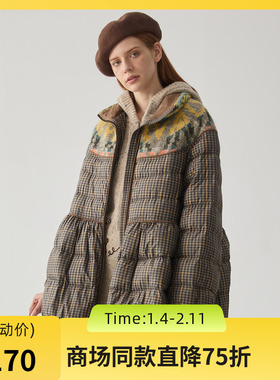 谜底格纹羽绒服女2024冬新品复古立领花苞式鸭绒面包服244MY1657