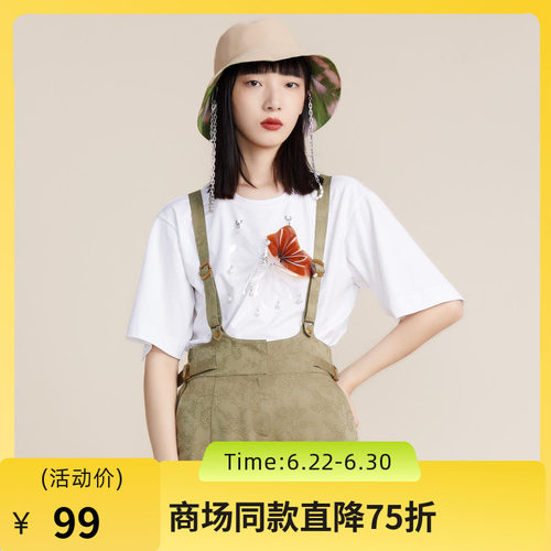 谜底2022春秋季新款时尚前卫PVC花朵宽松圆领短袖T恤女221MT0162