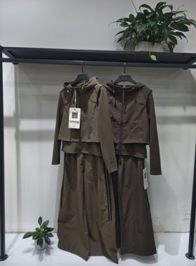 工装风连帽假两件套拼接卫衣阔腿裤套装女秋慵懒风休闲运动两件套