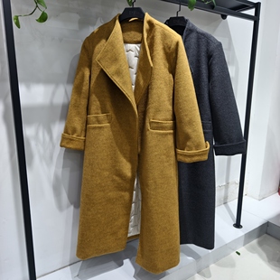 专柜正品翻领毛呢大羽绒服衣女中长款系腰带双面羊绒白鸭绒外套