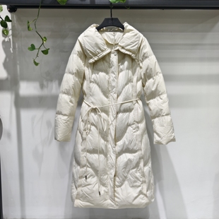 2025冬季新款白色大翻领长款羽绒服女收腰显瘦绑带气质冬装外套