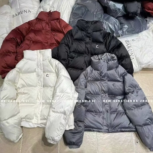 缎面质感欧货潮牌立领刺绣字母羽绒服保暖新国标90白鸭绒面包服