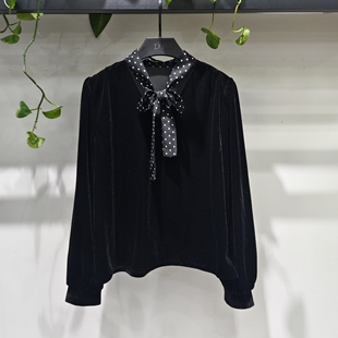 丝绒上衣女春秋新款蝴蝶结飘带韩系高级感轻奢打底衬衫小衫