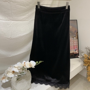 加厚金丝绒包臀裙长裙开叉蕾丝边加绒保暖半身裙冬新款休闲裙冬裙