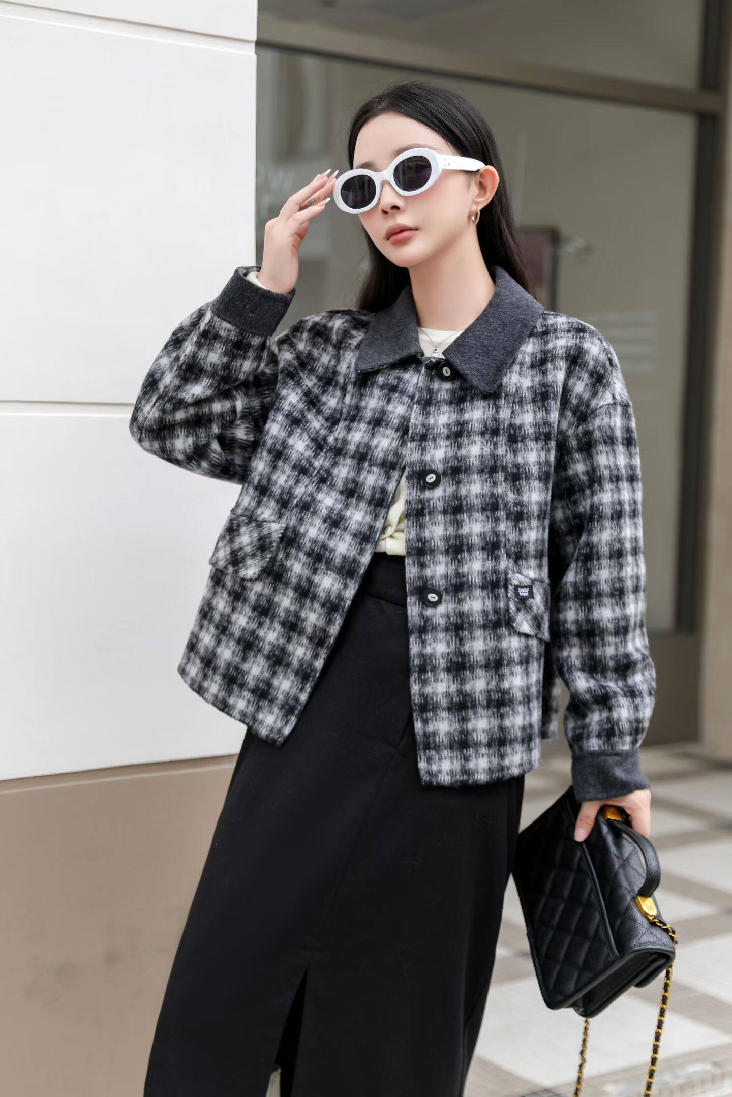 小个子格纹双面羊毛大衣女2026冬季新款洋气减龄羊毛呢子短款外套