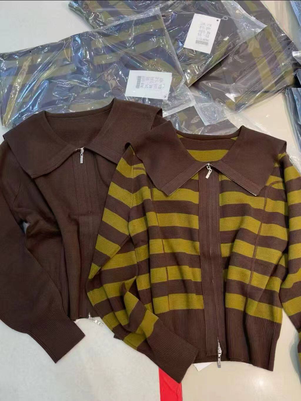 欧洲站高端秋冬新款海军领拉链外套翻领鱼骨线宽松针织毛衣上衣女