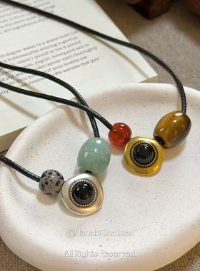 ＜花火商店＞自由之歌 - vintage做旧感皮绳天然石项链